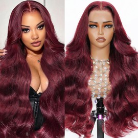 DOLLY PRETTY 30 Inch 13x6 99j Burgundy Wig Human Hair 200 Density Hd Body Wave Lace Front Glueless Red Wigs Human Hair