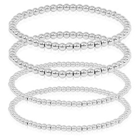 by you Stainless Steel Gold Silver Beaded Ball Bracelets for Women Stretchable Elastic Bracelet Set (4mm 2pcs + 3mm 2pcs - Silver)