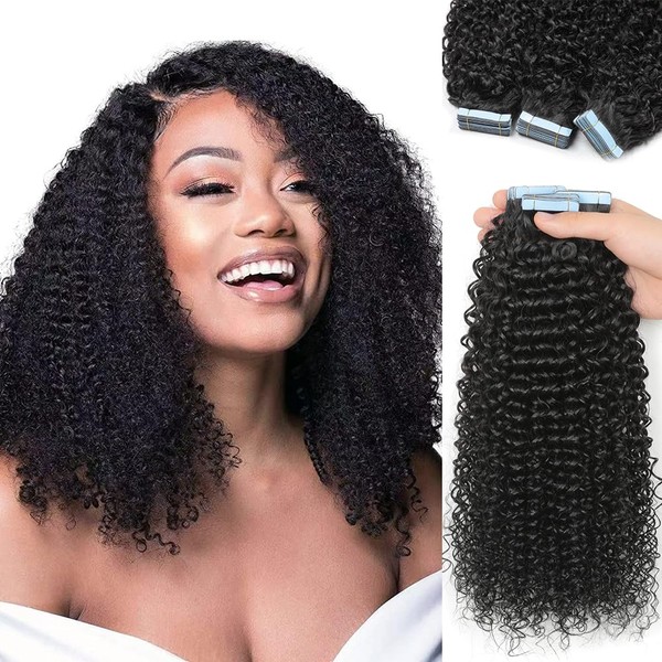 Hotlulana Tape-In Real Hair Extensions, 60 Pieces, 150 g, Tape Kinky Curly Double Sided Skin Weft, Real Human Hair Extensions, 24 Inches (60 cm) for Black Women, Natural Black Curly Remy Hair,