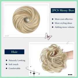 Qunlinta Messy Bun Hair Piece, 2 PCS Hair Buns Scrunchies Extensions Synthetic Fake Bun Chignon Updo Hairpieces for Women Girls Ash Blonde Mix Bleach Blonde