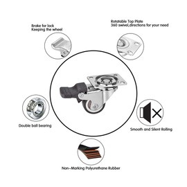 Moogiitools 4 Pack 1" Small Caster Wheels for Furniture Low Profile Soft Rubber Casters Swivel Plate Castors Rolling Smooth, Load Capacity 100 Lbs for Set of 4 (2 with Brake and 2 Without)