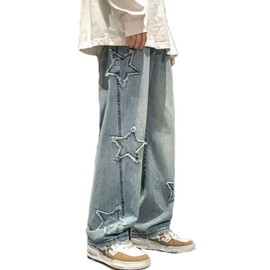 Y2k Baggy Jeans for Men,Hip Hop Grunge Cargo Pants Wide Leg Loose Joggers Star Graphic Demin Jeans