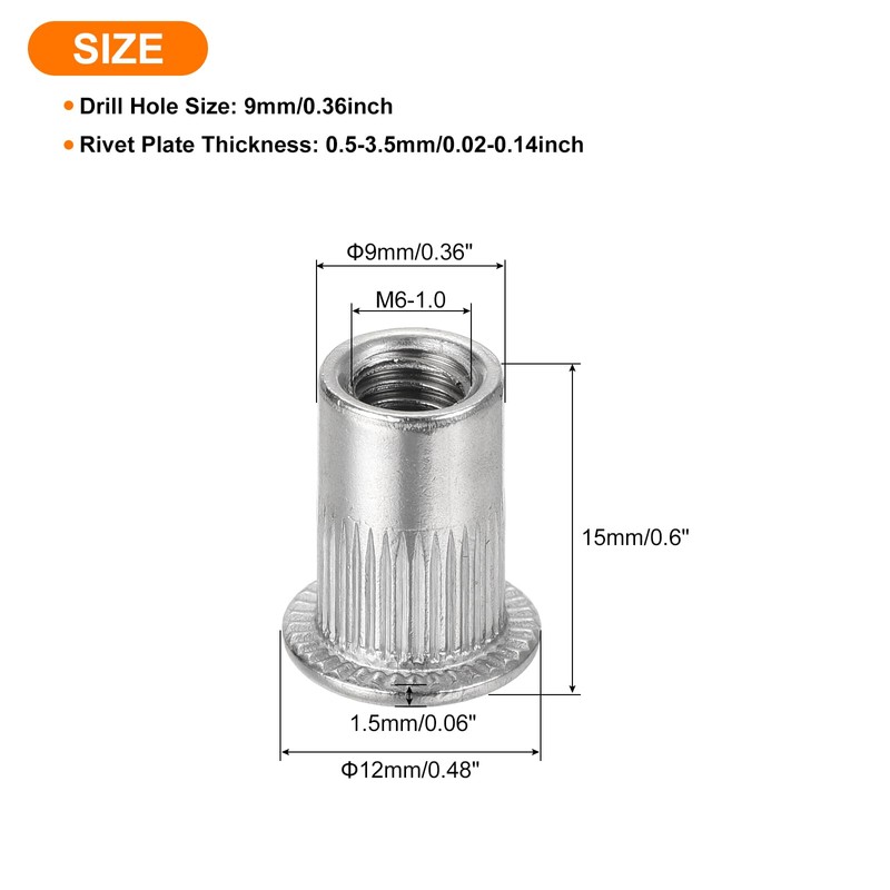 sourcing map 60Pcs Rivet Nuts Flat Head, M6 Stainless Steel