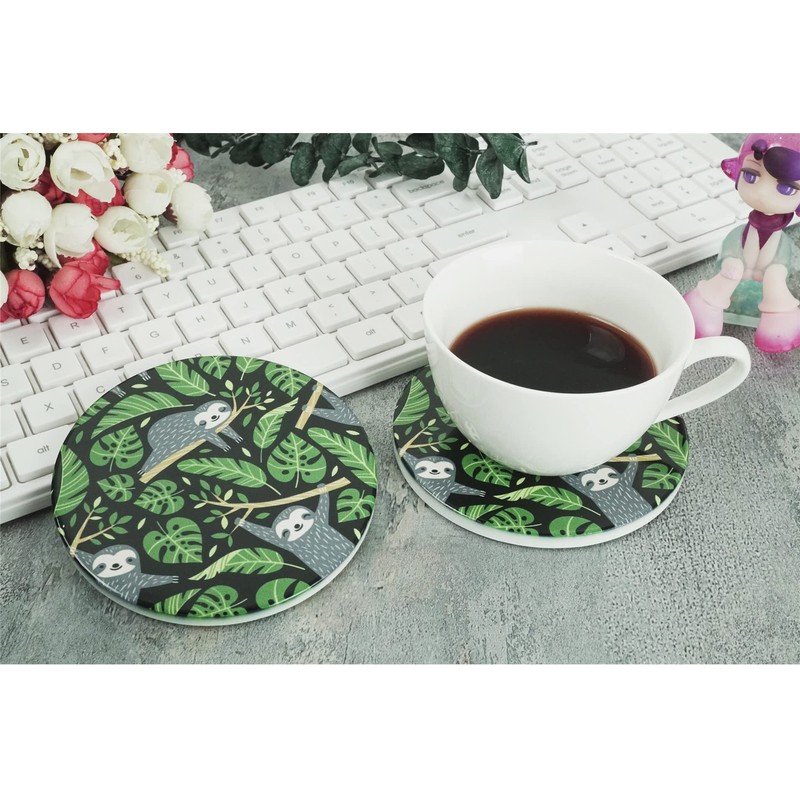 Vibiliyou Tropical Palm Leaves Beverage Coaster Exquisite Cute Sloths Ceramic