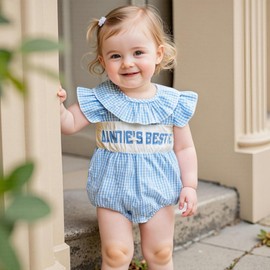 Aunties Bestie Baby Girl Clothes Aunt Saying Letter Embroidery Smocked Bubble Romper One-piece Ruffle Plaid Bodysuit (Blue, 6-12 Months)