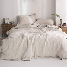 Simple&Opulence 100% Pure Linen Duvet Cover with Embroidered,Twin Size(68"x 86"),2 Pieces Soft Flax Comforter Set with Button Closure,1 Duvet Cover and 1 Pillowsham(Natural Linen)