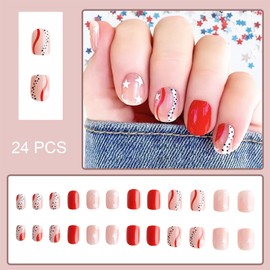 4th of July Press on Nails Short Square Fake Nails Independence Day Acrylic Nails with Design White Five-Pointed Star False Nails Red Natural Full Cover Stick on Nails for Patriotic Woman Manicure DIY