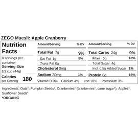 ZEGO Foods Organic Superfood Oatmeal & Muesli, Certified Gluten Free (Apple Cranberry) 13oz