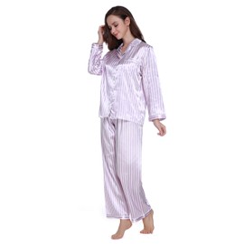 Lavenderi Women's Long Sleeve Premium Satin Pajama Set (Large, Light Purple Stripe)