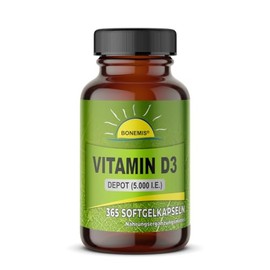 Vitamin D3 Depot, Olivenölbasis (für optimale Bioverfügbarkeit), 5.000 I.E., 365 Softgelkapseln, ohne unnötige Zusatzstoffe, Bonemis®