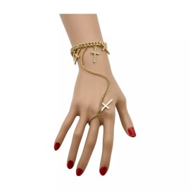 Unbranded Women Gold Metal Hand Chain Bracelet Cross Charm Ring Connected Adjustable Size