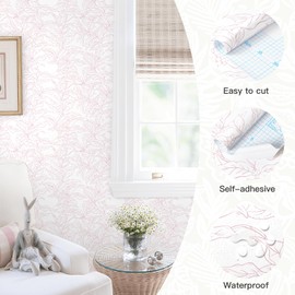 Heroad 17.3"x196" Peel and Stick Wallpaper Pink and White Wall Paper Boho Leaf Contact Paper Abstract Floral Removable Self-Adhesive Wallpaper for Bedroom Bathroom Cabinet Waterproof Decor Vinyl Roll