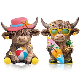 Karenhi 2 Pcs Highland Cow Figurines Summer Beach Seaside Coastal Highland Cow Gnomes Scottish Resin Statue Calf Lovers Gifts for Summer Home Garden Kitchen Office Tiered Tray Table Decor