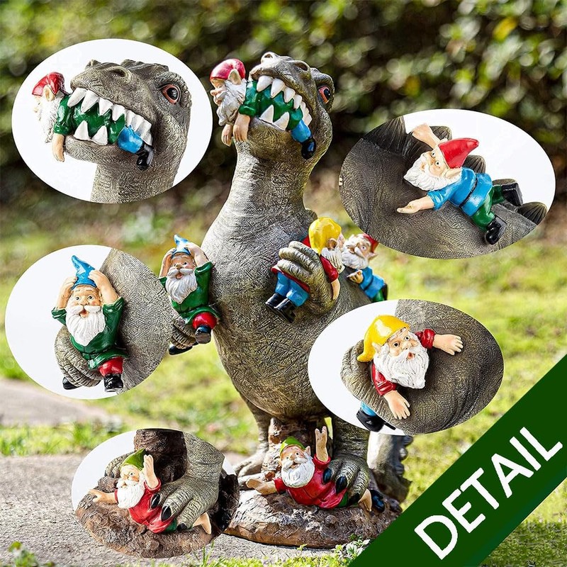 Funny Dinosaur Eating Gnomes Garden Statue – Outdoor Yard Gnome