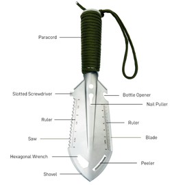 Small Camping Shovel, 9 in 1 Mini Hand Shovel, Portable Backpacking Trowel, Ultralight Compact Multitool for Camping, Gardening, Outdoor Survival, Silver