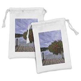 Ambesonne Lake Fabric Pouch Set of 2, Wooden Dock and Island Ablaze in Fall Splendor Ludington State Park in Michigan USA, Small Drawstring Bag for Toiletries Masks and Favors, 9" x 6", Multicolor