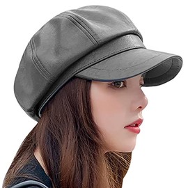 FEOYA Faux PU Leather Newsboy Octagonal Beret Hats for Women Ladies Grey Peaked Baker Boy French Caps Casual Classic Solid Color Artist Painter Cap Vintage Elegant Visor Basque Beret Autumn C Grey