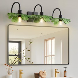 35in Handcraft Green Glass Vintage Bathroom Vanity Light Fixtures, 3-Light Flower Wall Sconce Vanity Light Over Mirror, Black Mid Century Medieval Wall Lamp for Bathroom, Living Room, Bedroom
