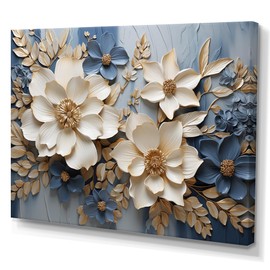 DesignQ Seasonal Flowers Wall art decor, Seasonal Flowers Wall Art, Serene Blue Floral Mixture, Beige Canvas wall art, 44x34 inches