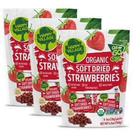 Happy Village Organic Soft Dried Strawberries On the Go – 3 Bags (15 Individual Portion Packs) | Healthy, Organic, Non-GMO, Vegan, Kosher, Gluten-Free Snack Packs