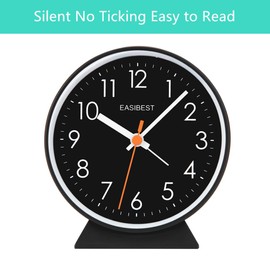 EASIBEST No Ticking Silent Alarm Clock,Easy to Read and Use,Ascending Sound,1 AA Battery Operated,Snooze Light,Bedside Desk Clock,Black