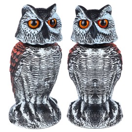 Hausse 2 Pack Fake Owl Decoy Bird Scarecrow Sculpture, Rotating Head Plastic Owl Bird Deterrents, Nature Enemy Horned Pest Repellent for Outdoor Garden Yard
