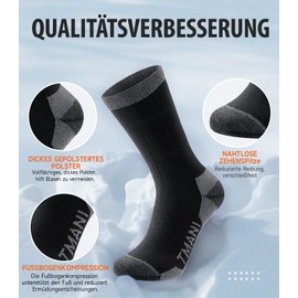 PULIOU Merino Socks Men Women Thermal Socks Hiking Socks Outdoor & Trekking Socks Anti-Blister Padded Work Socks Winter Socks, Black*3, 39 - 42