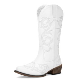 Jeossy Women's 9808 White Cowboy Boots for Women, Round Toe Cowgirl Boots, Western Embroidered Mid High Wide Calf Chunky Pull on Boot with Inner Zipper Size 8(DJY9808 White 08)