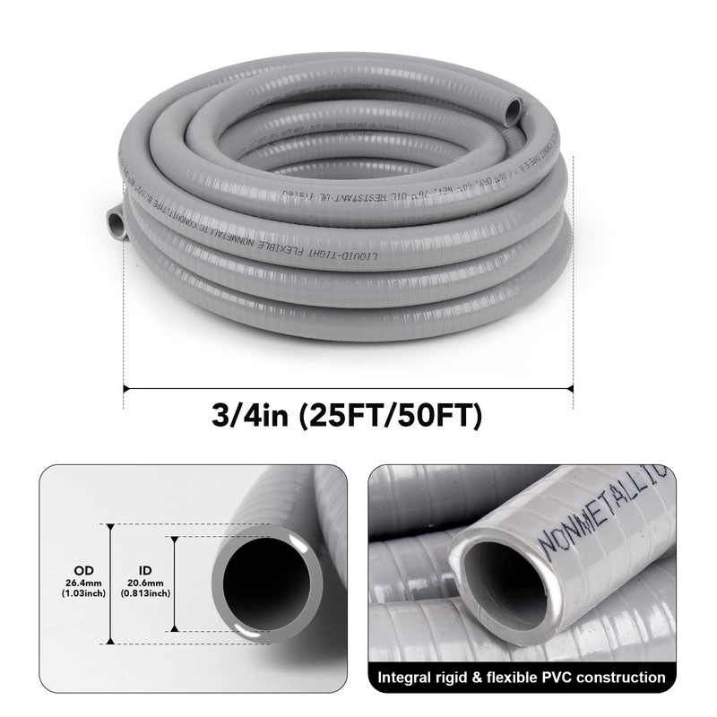 Elecoman 3/4inch 50ft Liquid-Tight Conduit and Connector Kit,Flexible Non Metallic