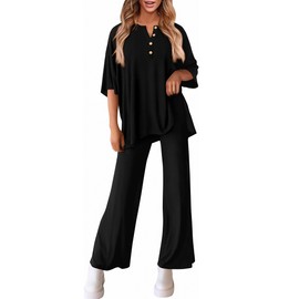 PRETTYGARDEN Women's 2 Piece Outfits 2025 Summer Casual V Neck Short Sleeve Tops Wide Leg Pants Matching Lounge Sets (Black,Medium)