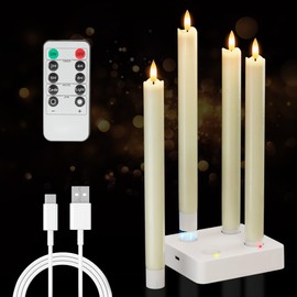 Rechargeable Flameless Taper Candles, Real Wax 9.6 Inch LED Candlesticks with Remote, flickering Ivory Battery Operated Candles with Charging Station for Home, Holidays, Weddings, Party Decor, 4 Pack