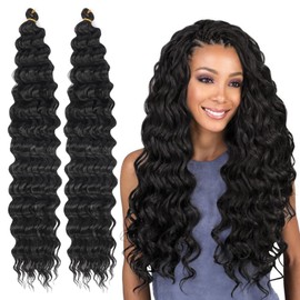 2 x 22 Inch Deep Wave Bulk Hair for Braiding for Boho Braids, Ocean Wave Crochet Hair Extensions, Synthetic Hair Extensions for Women Girls (Black)