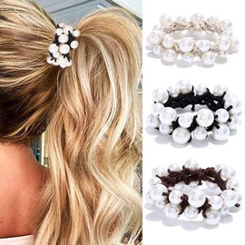 CAKURE Pearl Hair Ties Beige Beaded Ponytail Holders Pearls Elastic Hair Bands Weave Hair Scrunchies No Damage Hair Accessories for Women and Girls (Pack of 3)
