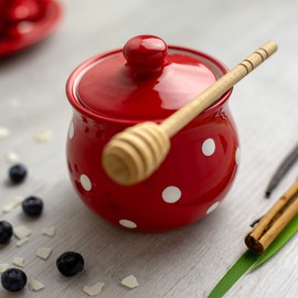 City to Cottage® Red and White Polka Dot Handmade Hand Painted Ceramic Sugar Bowl Pot with Lid | Jam Honey Jar