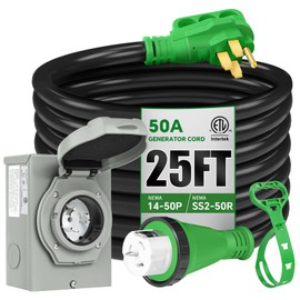 50 Amp Generator Inlet Box Kit with 25FT Cord – NEMA 14-50P to SS2-50R Twist Lock, 125V/250V, ETL Listed, Waterproof w/LED Indicator & Pre-Drilled Holes