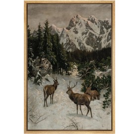 SIGNFORD Framed Canvas Print Wall Art Wildlife in Snowy Mountains Majestic Deer Landscape Illustrations Modern Art Minimal Relax/Calm for Living Room, Bedroom, Office - 16"x24" Natural