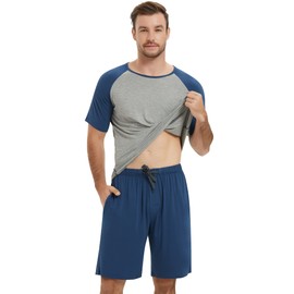 NACHILA Men's Pajamas Set-Viscose Made from Bamboo, Sleepwear Raglan Pj Top with Pajama Shorts Short Sleeve Loungewear Heather Grey/Dark Blue M