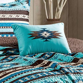 Linen Mart Southwestern Turquoise Tan Aztec Coverlet - 5 Piece Set (King, Turquoise)