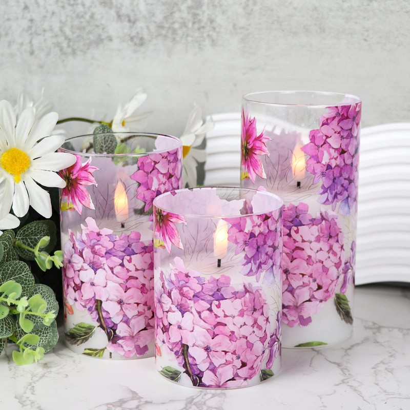 DRomance Pink Hydrangea Glass Flameless Candles with Remote Timer Battery