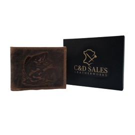 C&D SALES RFID-Protected Bifold Wallet for Men - Full-Grain Hunter Leather, Laser-Engraved Fish Design, 15 Card Slots, 2 Note Compartments with Suede Lining, 1 ID Window