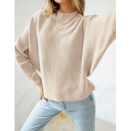 ZESICA Women's 2024 Fall Turtleneck Batwing Long Sleeve Ribbed Knit Casual Soft Pullover Sweater Jumper Top,Apricot,Medium