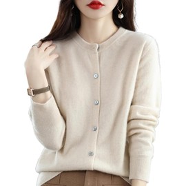 Newdvmmss Cashmere Cardigan for Women, 100% Cashmere, Button Placket, Long Sleeves, Knitted, Soft and Warm, Elastic, Crew Neck, Button Placket, Long Sleeves, Pure Wool, beige