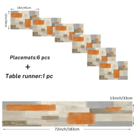Emvency Farmhouse Table Runner and Placemats Set of 6, Cotton-Linen Modern Orange and White Painting Art Dining Table Decor for Daily Use(1 Table Runner 72 inches Long and 6 Placemats)