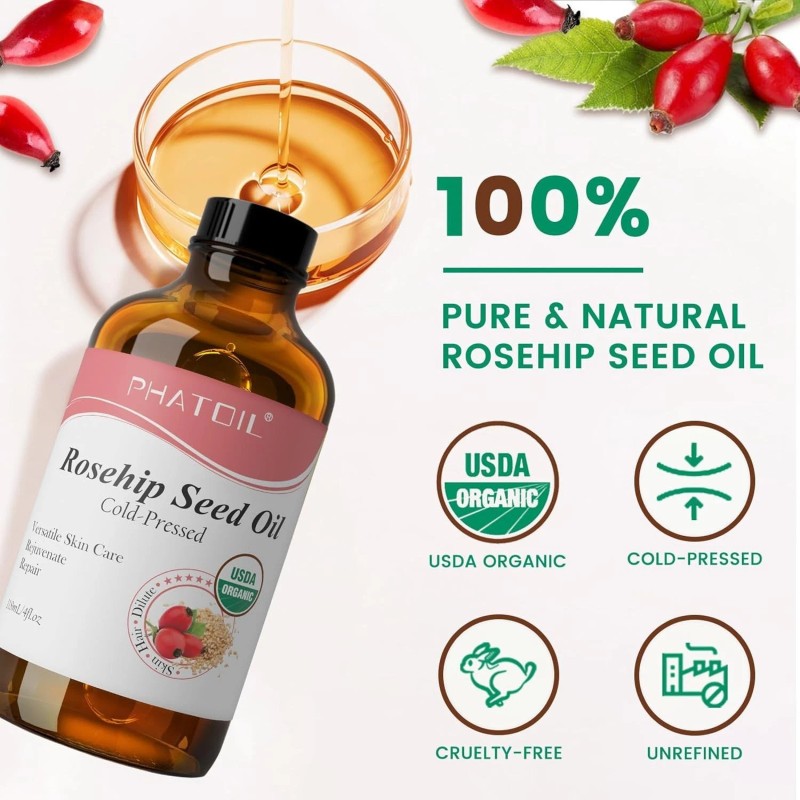 Pure Organic Rosehip Seed Oil for Face 4oz/118ml, USDA Certified
