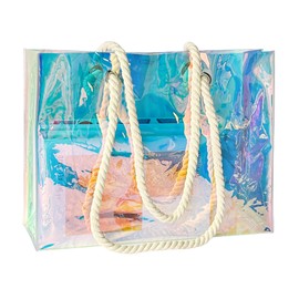 TotePrint PVC Holographic Shopping Bag Beach Bag - Reusable Transparent Tote Bag with Rainbow Effect, Waterproof Cotton Rope Handles for Supermarket, Beach, blue