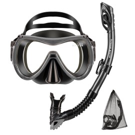 OutdoorMaster Mobula Snorkeling Gear for Adults, Diving Mask and Snorkel Set with Tempered Glass Anti-Fog, TOP Dry Snorkel for Diving Snorkeling Swimming,Black