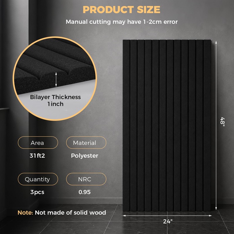 6 PCS Acoustic Panels,48''X24''X1'' Soundproof Foam Wall Panels,High Density Fireproof