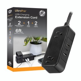 GE Flat Plug Power Strip Extension Cord with USB Ports, Travel Power Strip with 2 Outlets 3 USB Ports, Cruise Ship Essentials, 6 Ft Braided Small Extension Cord Flat Wall Plug, ETL Listed Black, 82586