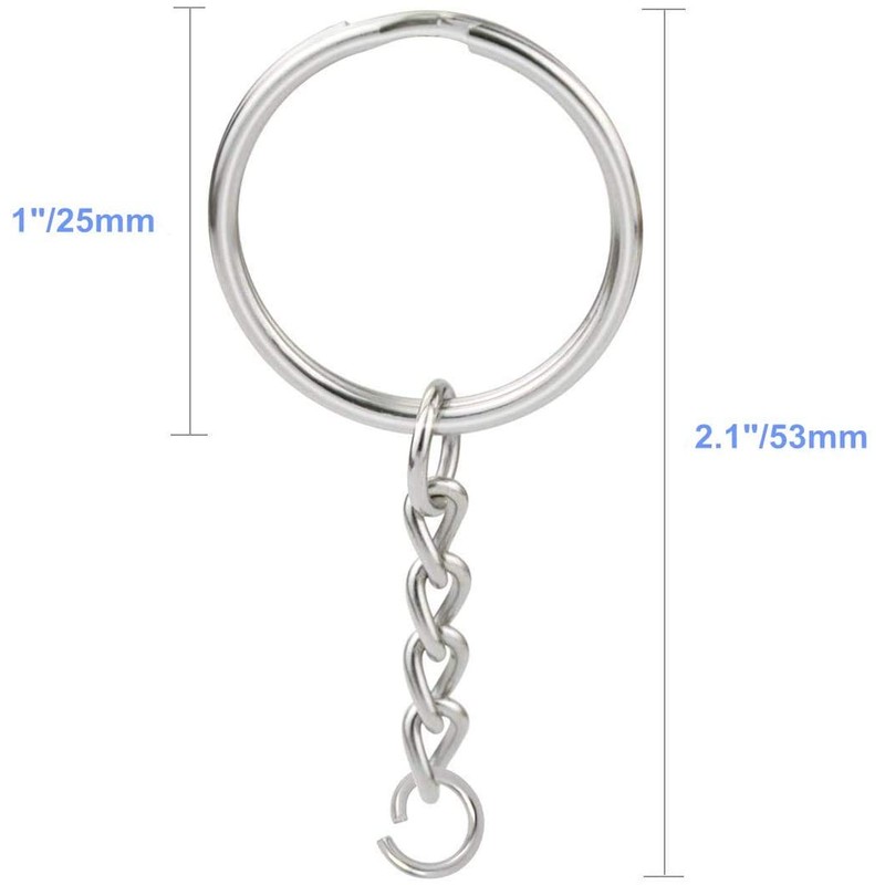 50 Pcs NANSSY 1 Inch/25mm Split Keyrings with Chain Silver