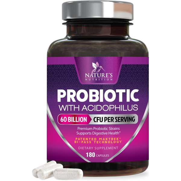 Daily Probiotics for Digestive Health - 60 Billion CFU - Extra Strength Probiotic Support for Occasional Gas & Bloating - 4 Diverse Probiotic Strains for Women & Men Gut Health - 180 Capsules